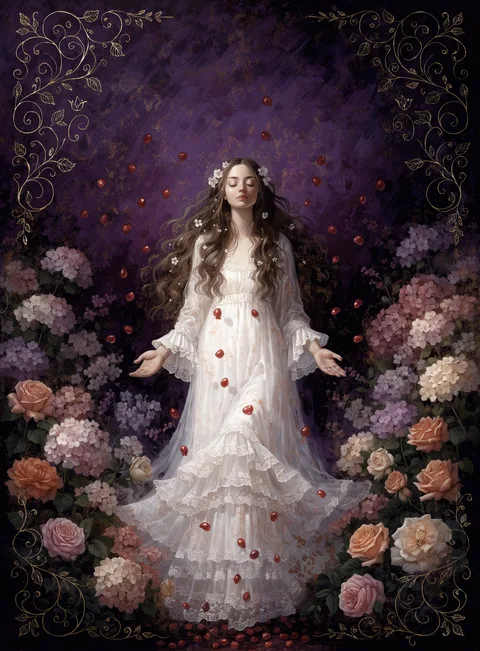 The Maiden card: a young woman in white among roses, eyes closed