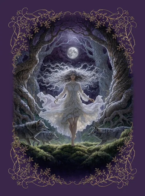 The Wild Woman card: a woman standing in a moonlit forest clearing