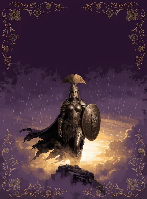 The Warrior card: a woman in armor with a spear and a shield, above the clouds