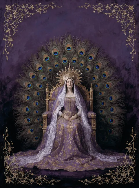 The Queen card: a crowned woman on a peacock throne