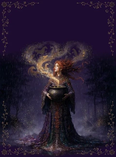 The Enchantress card: a woman holding a bowl, her hair turning into smoke